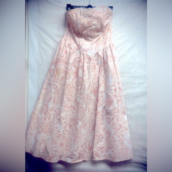 Vintage 80’s does 50’s strapless cotton dress, abstract pink print, pockets- M - Picture 2 of 10
